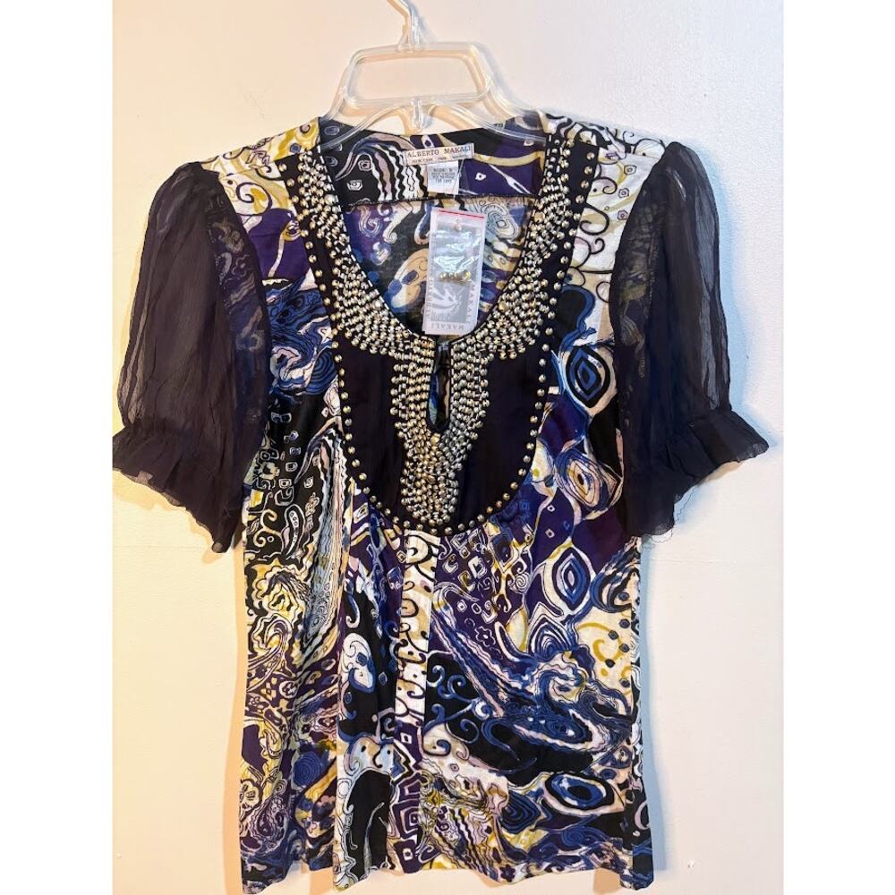 Alberto Mikali Abstract Print‎ Beaded Short Sleeve Top Size Small NWT
